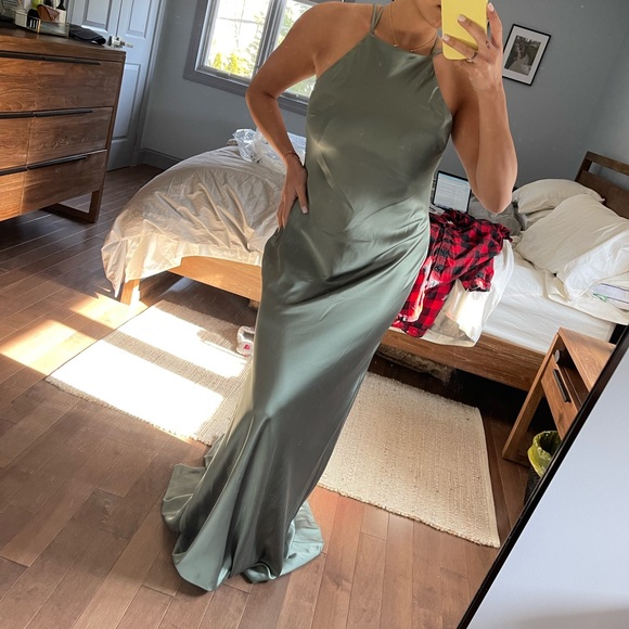 Mori Lee High Neck Satin Dress with Strappy Back NWT - Picture 5 of 6